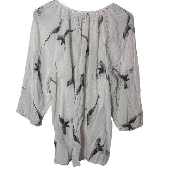 Karen Kane 1X Ivory Bird Print Peasant Blouse 3/4 Sleeve Flowy Boho Top - Picture 6 of 9